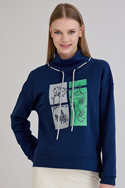 Sortie Women's Turtleneck Long Back Printed Midi Length Two Thread Fisherman Cord Indigo Sweatshirt