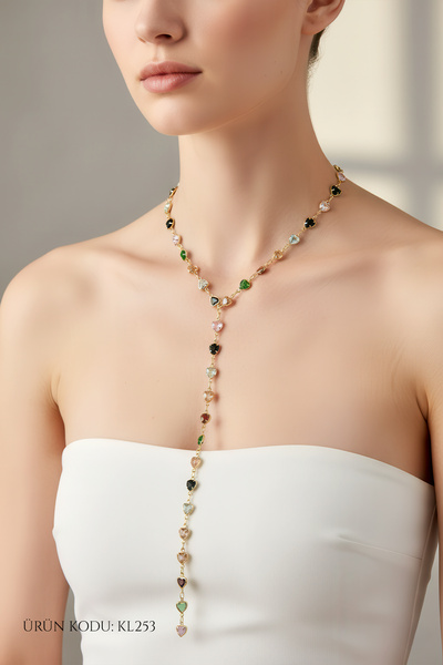 Çelik Renkli Taş Detaylı Altın Renk Y Kolye