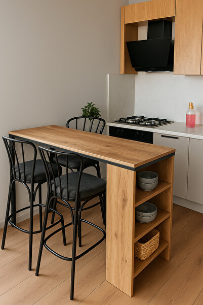 Tasarım AHŞAP DESENLİ AHŞAP RAFLI BAR MASASI