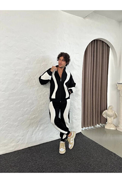 mzpkartan Men's Premium Two-Piece Tracksuit Set - Stand-Up Collar Zip-Up Sweatshirt, - Black