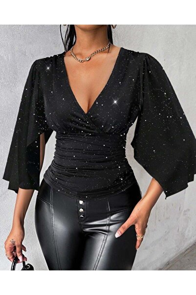 BZ Boutique Women's Three Quarter Sleeve Double Breasted Collar Glitter Sandy Blouse