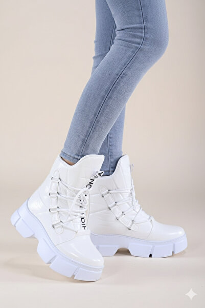 RİVOLİ Premium Bağcıklı Yüksek Tabanlı Kadın Kar Botu Beyaz