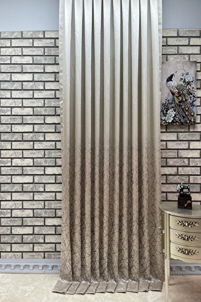 PERDECITY Krem-vizon Renk Desenli Pano Fon Perde 100 Cm Sık Boru Pile Roza