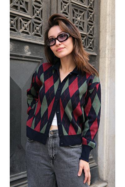 Butik Una Fiaba - Navy Blue Women's Polo Neck Argyle Patterned Buttoned Knit ...