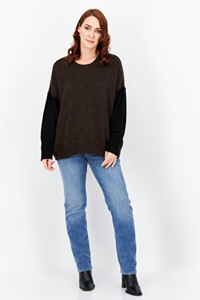 Vince Camuto Women Plus Size Round Neck Long Sleeve Knitted Sweater, Brown Combo