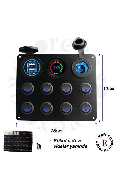 REVEX karavan 12v Kontrol Paneli 8 Tuşlu Sigortalı Voltaj Göstergesi 2 Adet Usb Girişi 1 Adet Çakmaklık