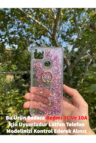 GtTech Xiaomi Redmi 9C/10A Uyumlu Sulu Simli Yüzüklü Standlı Parlak Silikon Kılıf Rose