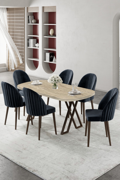 Canisa Kaye Serisi Mdf 90x168 Traverten Mutfak Masası Takımı 6 Antrasit Sandalye