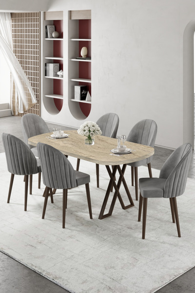 Canisa Kaye Serisi Mdf 90x168 Traverten Mutfak Masası Takımı 6 Gri Sandalye