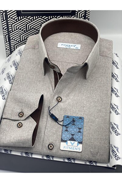 Fitmens Klasik Uzun Kol Keten Cotton Hediye Kutulu Erkek Gömlek FS-001261 - Bej