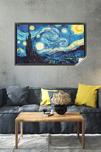 statik kağıt Çerçeve Görünümlü Tutunma Özellikli Van Gogh Yıldızlı Gece Tablo...