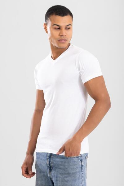 BAYKAR Чоловіча футболка з V-подібним вирізом з бавовняної тканини, біла