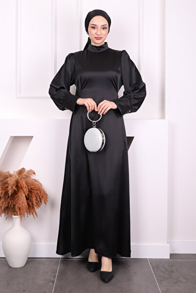 İmajButik Чорна сукня з атласу з чорними ґудзиками на рукавах і поясом на талії