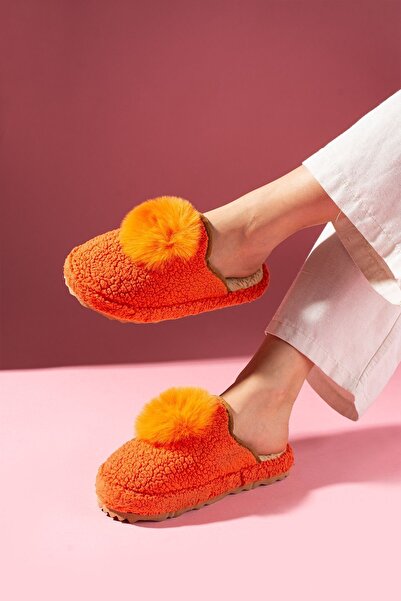 FUGA MODA Poffina Orange Pompom Detailed Silent Sole House Slippers