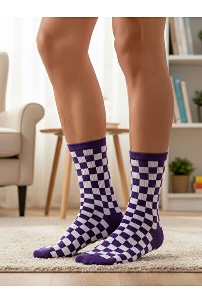 AKSU ÇORAP Purple Checker Pattern Colorful Sports Socks