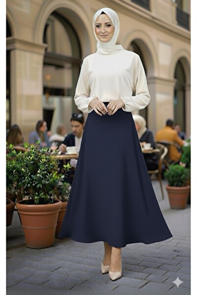 markatrend تنورة طويلة من الكريب باللون الأسود - خصر مطاطي