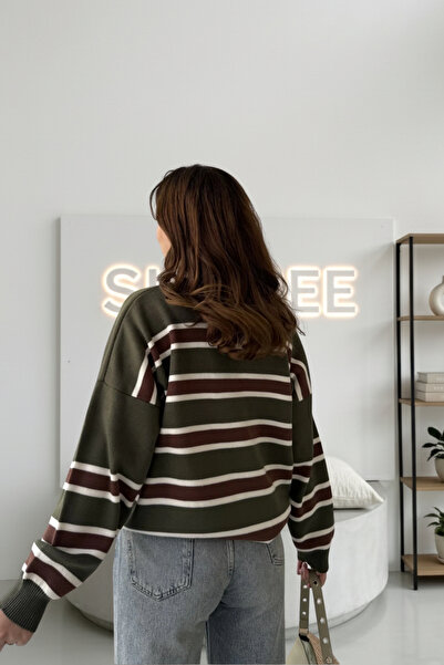 SHILSEE BEUTİQUE Women's Striped Polo Neck Knitwear Sweater Khaki