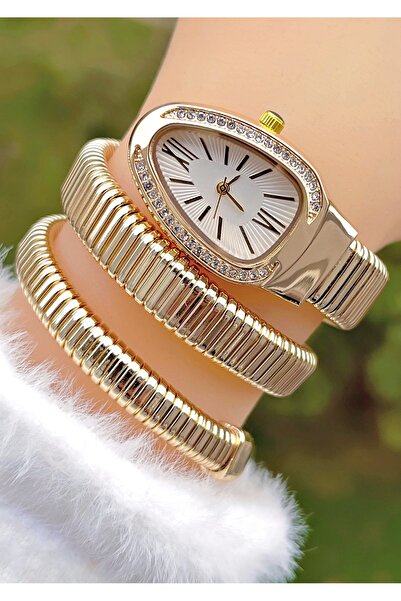 Weluxa ساعة يد نسائية عتيقة بمينا بيضاء ذهبية اللون ونموذج ثعبان