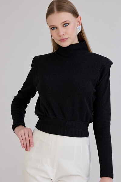 Sortie Women's Shoulder Pad Pack Turtleneck Elastic Waist Midi Length Black Glitter Knitwear