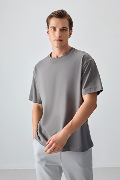 AIR JONES Koyu Gri %100 Pamuk Kalın Yumuşak Dokulu Oversize Fit Basic Erkek T-Shirt - 88353