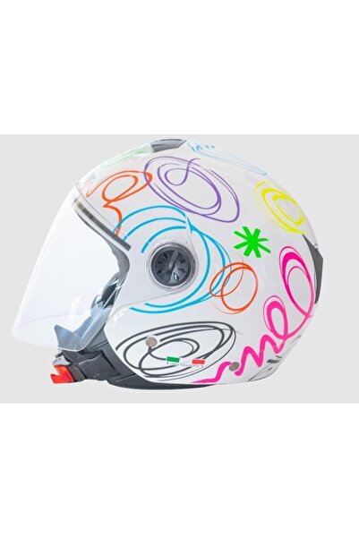 Sway 715 Ayna Vizörlü Yarım Motosiklet Scooter Kaskı S Beden White Flower (AYNALI VİZÖR)