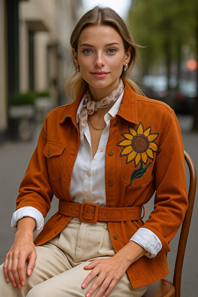 GZ Design Deri Üzeri Boncuk Işlemeli Ayçiçeği Figürlü Siyah Kiremit Jean Ceket