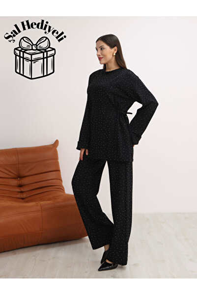 Mira İpek Modal Fabric Crystal Stone Detailed Women's Two-Piece Set with Shawl Gift