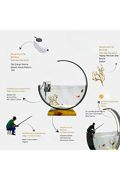 Poyel Decor Modern Tasarım Dekoratif Akvaryum – Amber Led Aydınlatmalı 40 cm