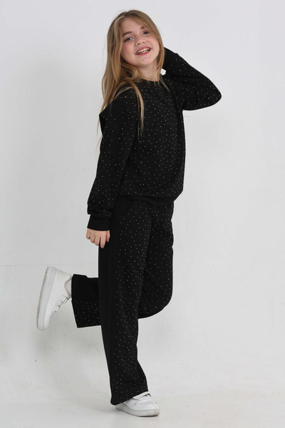 MODANINO Girl's Wide-Legged Stone-Embellished Double-Faced Fabric Top and Bottom Set 12305