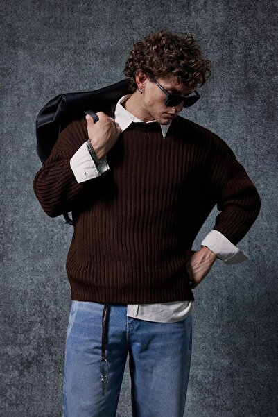 ablukaonline Ανδρικό πουλόβερ Oversize Σκούρο Καφέ