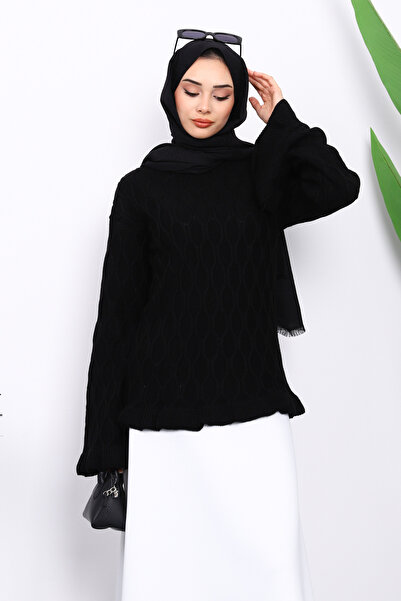 İmajButik Black Waist and Sleeve Cuff Ruffled Knit Sweater