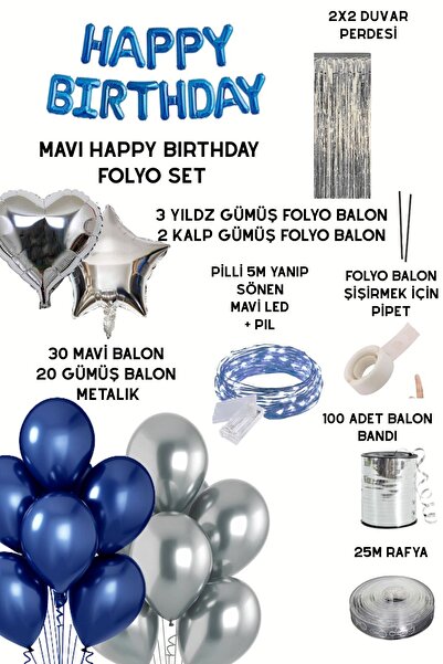 Baloncu Nene Μπλε Σετ μπαλόνια με αλουμινόχαρτο για χαρούμενα γενέθλια Μπλε ασημί στολίδια για πάρτι γενεθλίων