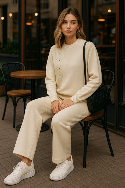 semela New Season Side Hair Braided Pearl Detail Knitwear Set