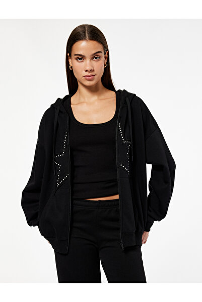 Koton Oversized Stone Sweatshirt with Pockets, Hooded, Zippered, Faux Suede Detail