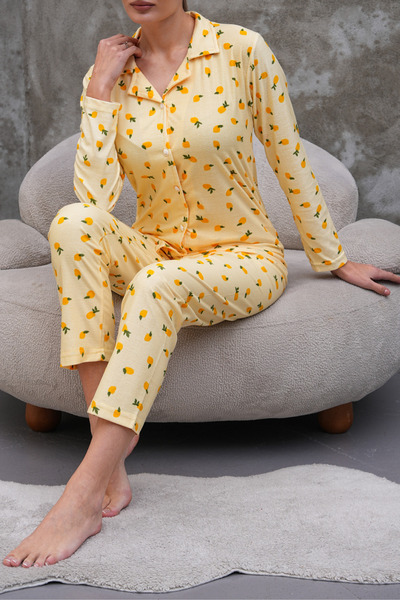 Fanwet Kadın Önden Düğmeli Kışlık Limon Desenli Süet Pijama Takımı