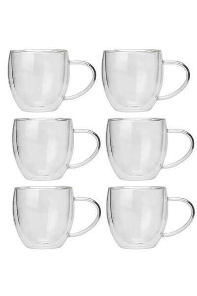 Kitchen Design Lab Yeni Tasarım Çift Cidarlı 250 ml Kulplu Cam Kupa, Çay Neskafe Fincanı, Çeyiz Listesi, 6 Adet 2037