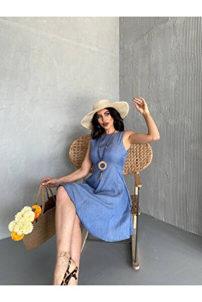 HEDEF DAİSY Kadın Denim Görünümlü Kolsuz Midi Boy Yazlık Günlük Elbise