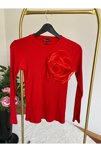 SONGÜLBERİK Kız Çocuk Kaşkorse  Güllü Detaylı Bluz( Kırmızı)