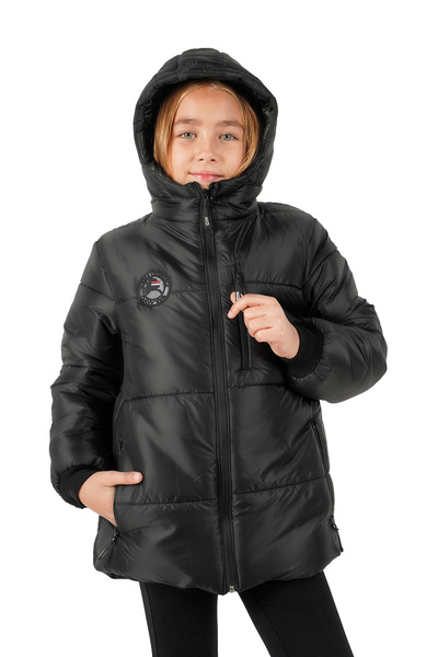 QAWWA Čierna dievčenská nafukovacia zimná bunda s kapucňou a kapucňou z čierneho vlákna
