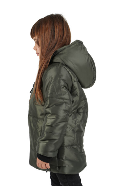 QAWWA Kız Çocuk Haki Elyaflı Kapüşonlu Rüzgar Geçirmez Şişme Kışlık Mont