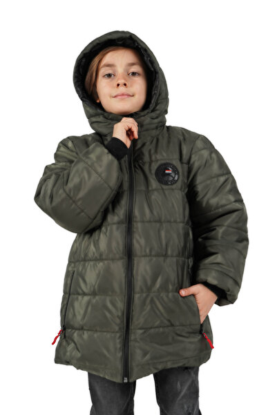 QAWWA Erkek Çocuk Su Ve Rüzgar Geçirmez Içi Kalın Polarlı Haki Kapüşonlu Mont