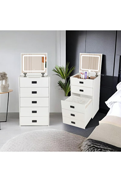 Un A versatile, modern vanity with LED lighting and spacious storage cabinets.