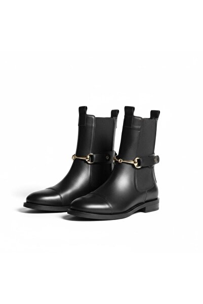 DeriNial Kadın Hakiki Deri Günlük Bot Elastik Yan Bantlı Gold Zincir Tokalı Lorve siyah