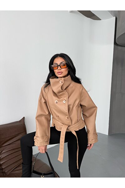 Friday Mood Γυναικεία δερμάτινη καμπαρντίνα με λεπτομέρεια με γιακά και λουράκι