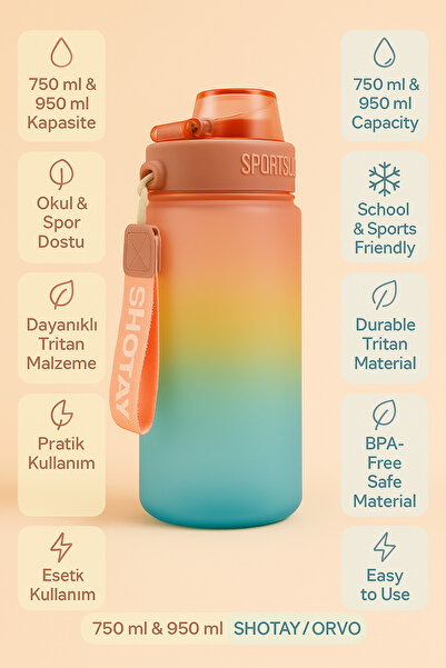 ORVO Shotay 950 ml Su Matarası – Kilitli Kapaklı, Ağızlıklı, Askılı Spor Matara (Degradeli Renk) ST-7217