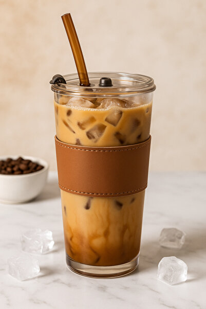 BLUE SİDE 450 Ml Pinterest Stil Soğuk Kahve Sıcak Kahve Bardağı Derili Pipetli Meşrubat Bardağı