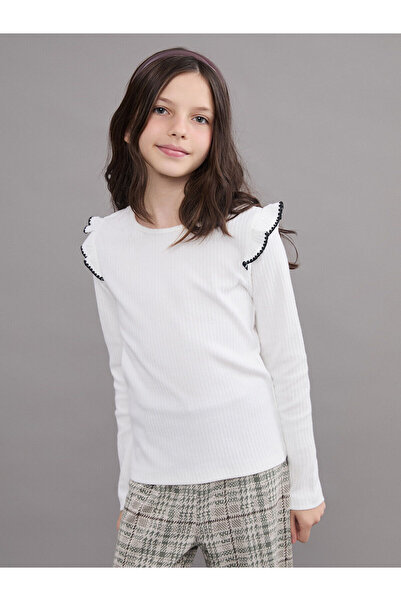 LC Waikiki Alita City Lcw Kids Ecru Oval Neck Ruffle Detailed Girls' T-Shirt