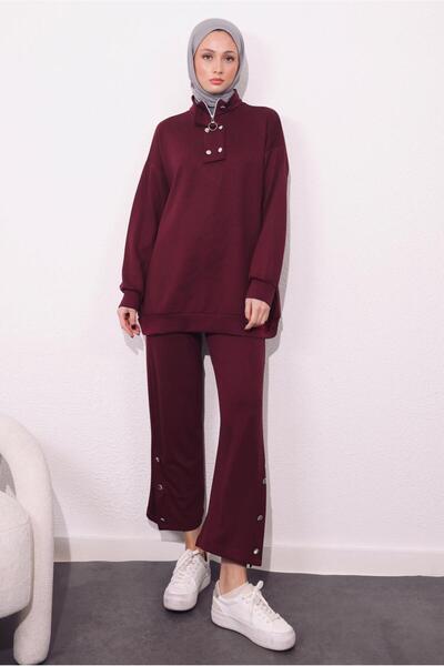 TRENDTESETTÜR KADIN BORDO ÖRME PANTOLONLU TAKIM T 9064