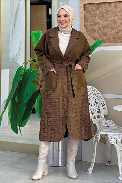 TRENDTESETTÜR Γυναικείο παλτό με καπιτονέ καφέ με ζώνη - T 3687