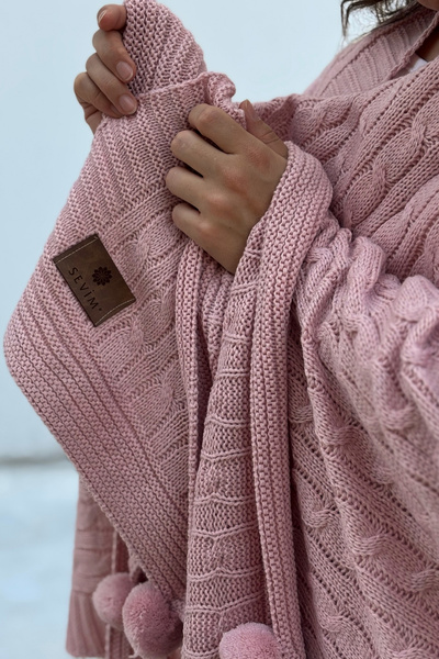 Sevim Ponponlu Triko Örme Tv Battaniyesi–Örgü Koltuk & Omuz Şalı & Diz Battaniyesi–130x170 cm-Pudra